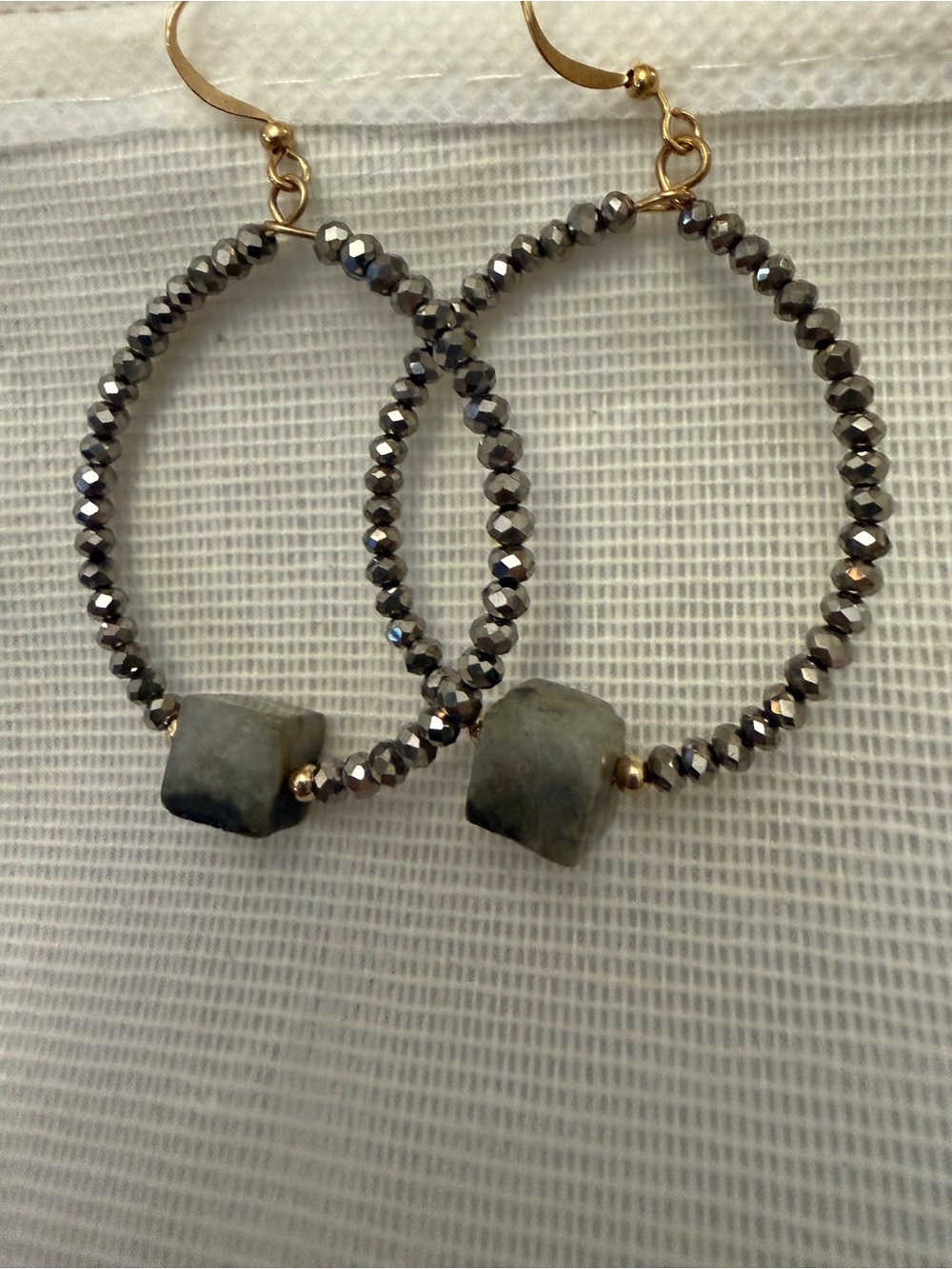 Gray Beaded Hoop Earrings with Green Stone Accent